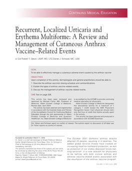 Recurrent, Localized Urticaria and Erythema Multiforme: a Review and Management of Cutaneous Anthrax Vaccine–Related Events