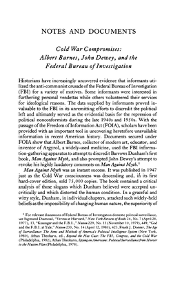 NOTES and DOCUMENTS Cold War Compromises: Albert Barnes, John Dewey, and the Federal Bureau of Investigation