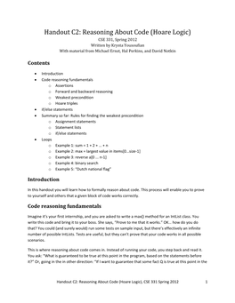 Hoare Logic) CSE 331, Spring 2012 Written by Krysta Yousoufian with Material from Michael Ernst, Hal Perkins, and David Notkin