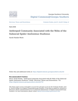 Anthropod Community Associated with the Webs of the Subsocial Spider Anelosimus Studiosus