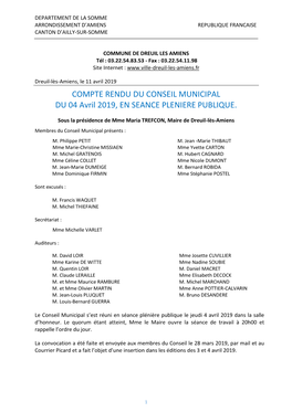 COMPTE RENDU DU CONSEIL MUNICIPAL DU 04 Avril 2019, EN SEANCE PLENIERE PUBLIQUE