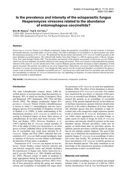 Is the Prevalence and Intensity of the Ectoparasitic Fungus Hesperomyces Virescens Related to the Abundance of Entomophagous Coccinellids?