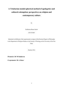 A Trinitarian Modal-Spherical Method of Apologetics and Cultural Redemption: Perspectives on Religion and Contemporary Culture