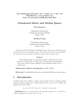 Chessboard Metric and Median Spaces 1 Introduction