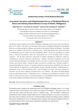 Assessment, Inventory and Ethnobotanical Survey of Medicinal Plants in Batan and Sabtang Island (Batanes Group of Islands, Philippines) Ruby Raterta 1*, Gerard Q