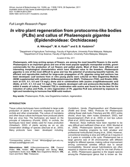 Plbs) and Callus of Phalaenopsis Gigantea (Epidendroideae: Orchidaceae