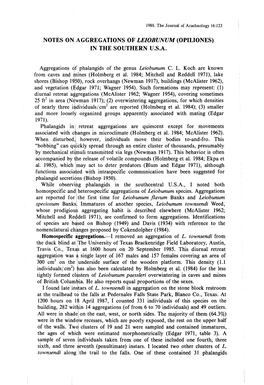 Notes on Aggregations of Leiobunum (Opiliones) in the Southern U.S.A