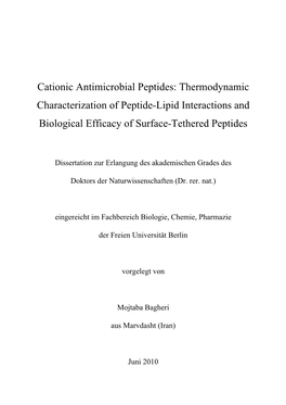 Cationic Antimicrobial Peptides: Thermodynamic Characterization of Peptide-Lipid Interactions and Biological Efficacy of Surface-Tethered Peptides