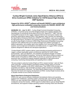 Curtiss-Wright Controls Joins Openfabrics Alliance (OFA) to Drive Continuum HPEC Initiative for COTS-Based High Density DSP Systems