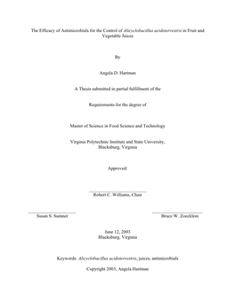 The Efficacy of Antimicrobials for the Control of Alicyclobacillus Acidoterrestris in Fruit and Vegetable Juices by Angela D. Ha