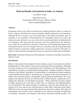 Myth and Reality of Secularism in India: an Analysis Arun Kumar Singh Department of Law, North Eastern Hill University, Shillong 793022