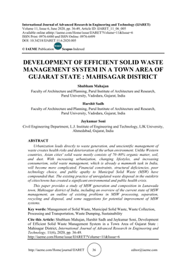 Development of Efficient Solid Waste Management System in a Town Area of Gujarat State : Mahisagar District