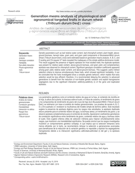 Generation Means Analysis of Physiological and Agronomical Targeted Traits in Durum Wheat (Triticum Durum Desf.) Cross