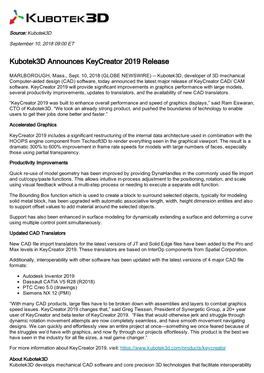 Kubotek3d Announces Keycreator 2019 Release