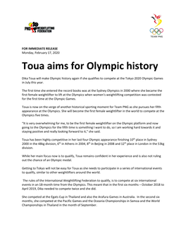 Toua Aims for Olympic History PR-17-02-20-FINAL