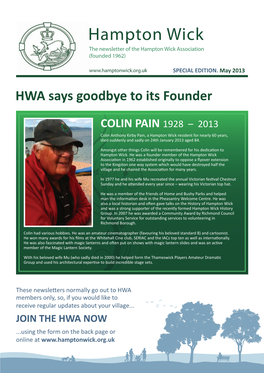 Hampton Wick the Newsletter of the Hampton Wick Association (Founded 1962)