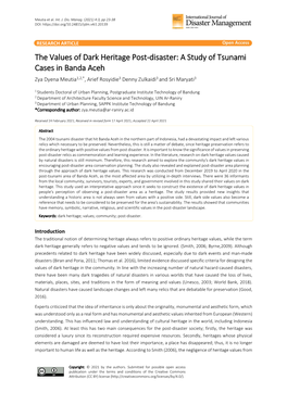 The Values of Dark Heritage Post-Disaster: a Study of Tsunami Cases in Banda Aceh Zya Dyena Meutia1,2,*, Arief Rosyidie3 Denny Zulkaidi3 and Sri Maryati3