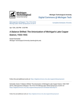 A Balance Shifted: the Unionization of Michiganâ•Žs Lake Copper District, 1935-1955