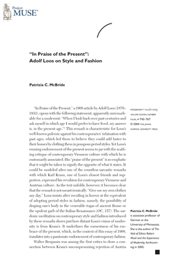 “In Praise of the Present”: Adolf Loos on Style and Fashion
