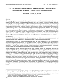 The Acts of Torture and Other Forms of Ill-Treatment of Citizens by Some Institutions and the Role of Criminal Justice System in Nigeria