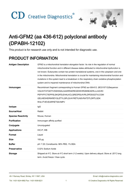 Anti-GFM2 (Aa 436-612) Polyclonal Antibody (DPABH-12102) This Product Is for Research Use Only and Is Not Intended for Diagnostic Use