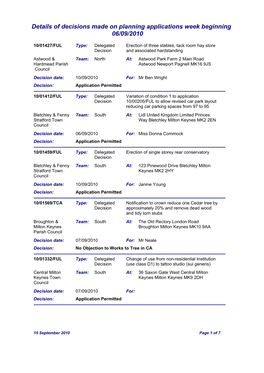 Details of Decisions Made on Planning Applications Week Beginning 06/09/2010