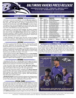 Baltimore Ravens Press Release Under Armour Performance Center 1 Winning Drive Owings Mills, Md 21117 Ph: 410-701-4000 Baltimoreravens.Com Twitter: @Ravens