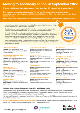 Moving to Secondary School in September 2022 If Your Child Was Born Between 1 September 2010 and 31 August 2011