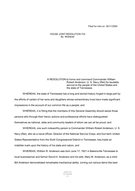 A RESOLUTION to Honor and Commend Commander William Robert Anderson, US Navy