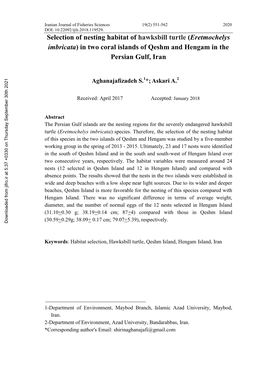 Selection of Nesting Habitat of Hawksbill Turtle (Eretmochelys Imbricata) in Two Coral Islands of Qeshm and Hengam in the Persian Gulf, Iran