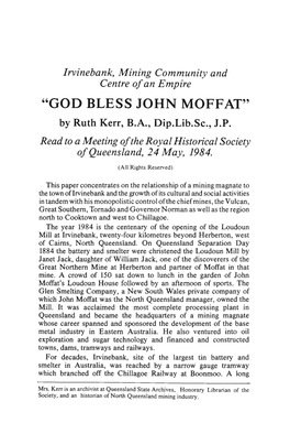 "GOD BLESS JOHN MOFFAT" by Ruth Kerr, B.A., Dip.Lib.Sc, J.P
