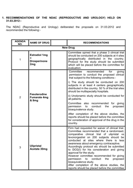 1. Recommendations of the Ndac (Reproductive and Urology) Held on 31.03.2012