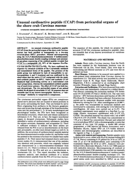 CCAP) from Pericardial Organs of the Shore Crab Carcinus Maenas (Crustacean Neuropeptide/Amino Acid Sequence/Cardioactive Neurohormone/Neurosecretion) J