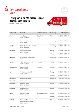 Fahrplan Der Mobilen Filiale Rhein-Erft-Kreis Gültig Ab 1