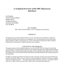 A Technical Overview of the OPC Dataaccess Interfaces