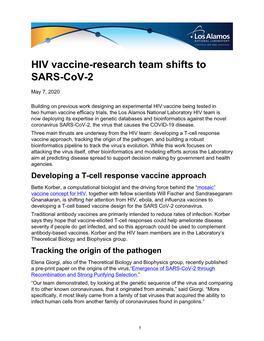 HIV Vaccine-Research Team Shifts to SARS-Cov-2