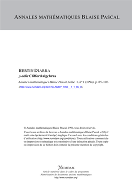 P-Adic Clifford Algebras Annales Mathématiques Blaise Pascal, Tome 1, No 1 (1994), P