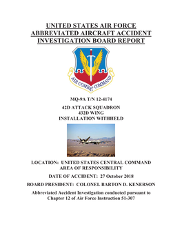 United States Air Force Abbreviated Aircraft Accident Investigation Board Report
