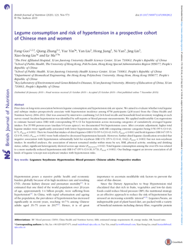 Legume Consumption and Risk of Hypertension in a Prospective Cohort of Chinese Men and Women