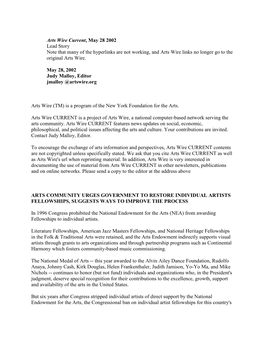 Arts Wire Current, May 28 2002 Lead Story Note That Many of the Hyperlinks Are Not Working, and Arts Wire Links No Longer Go to the Original Arts Wire