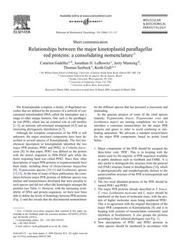 Relationships Between the Major Kinetoplastid Paraﬂagellar Rod Proteins: a Consolidating Nomenclatureଝ Catarina Gadelha A,B, Jonathan H