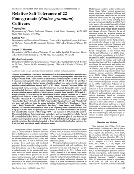 Relative Salt Tolerance of 22 Pomegranate (Punica Granatum) Cultivars