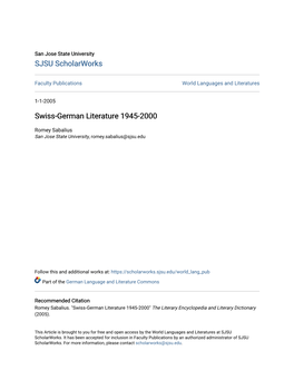 Swiss-German Literature 1945-2000