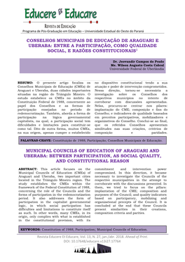 Conselhos Municipais De Educação De Araguari E Uberaba: Entre a Participação, Como Qualidade Social, E Razões Constitucionais1