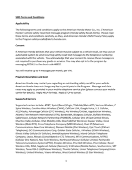 1 SMS Terms and Conditions Applicability the Following Terms and Conditions Apply to the American Honda Motor Co., Inc. (“Amer