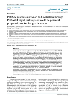 MRPS17 Promotes Invasion and Metastasis Through PI3K/AKT Signal