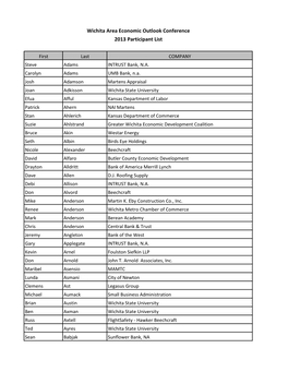 Wichita Area Economic Outlook Conference 2013 Participant List