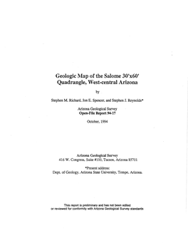 Geologic Map of the Salome 30'X60~ Quadrangle, Westacentral Arizona