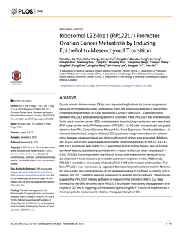 Ribosomal L22-Like1 (RPL22L1) Promotes Ovarian Cancer Metastasis by Inducing Epithelial-To-Mesenchymal Transition