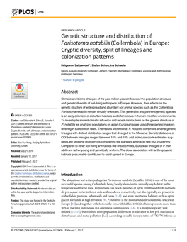 Genetic Structure and Distribution of Parisotoma Notabilis (Collembola) in Europe: Cryptic Diversity, Split of Lineages and Colonization Patterns